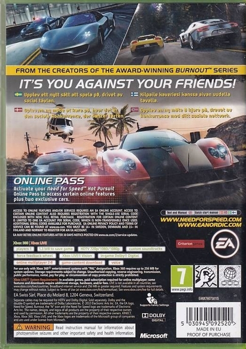 Need For Speed Hot Pursuit - XBOX 360 (B Grade) (Genbrug)